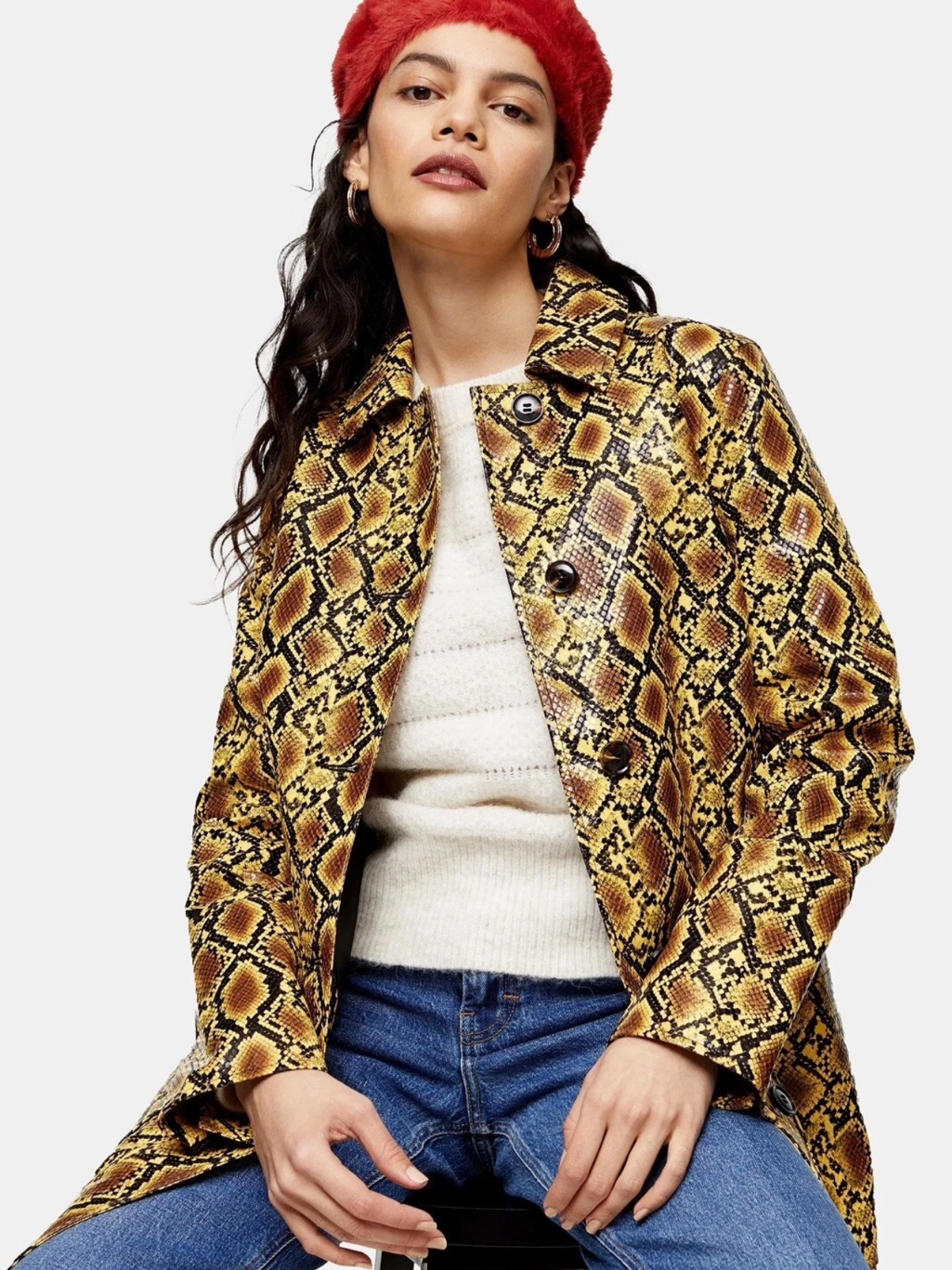 Top Shop Snake Print Car Yellow Coat Snake-Print Longline Coat - Yellow 6